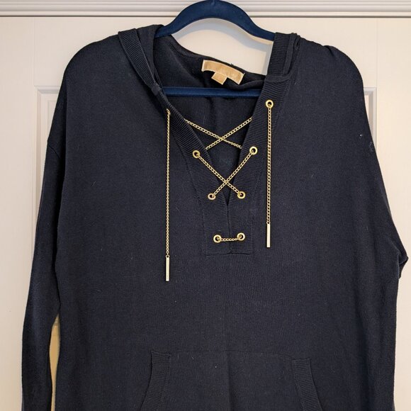MICHAEL KORS DARK MIDNIGHT BLUE+GOLD TONE CHAIN HOOD SWEATER SHIRT-SIZE Large - Picture 1 of 4